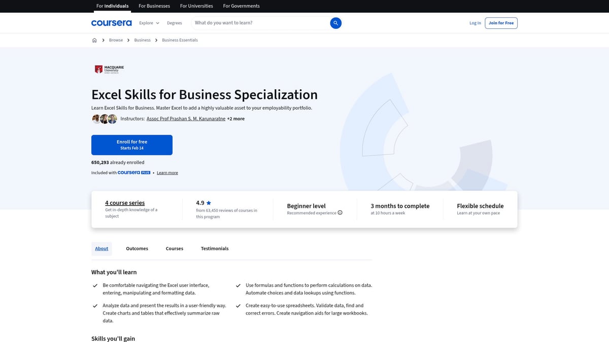 Top 10 Courses Under £500 to Boost Your Skills in 2026 - Excel Skills for Business Specialisation (Coursera/ Macquarie University)