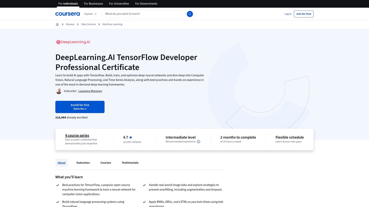 Top 9 Best AI Certification Courses to Boost Your Career in 2025 - DeepLearning.AI TensorFlow Developer Professional Certificate (Coursera)