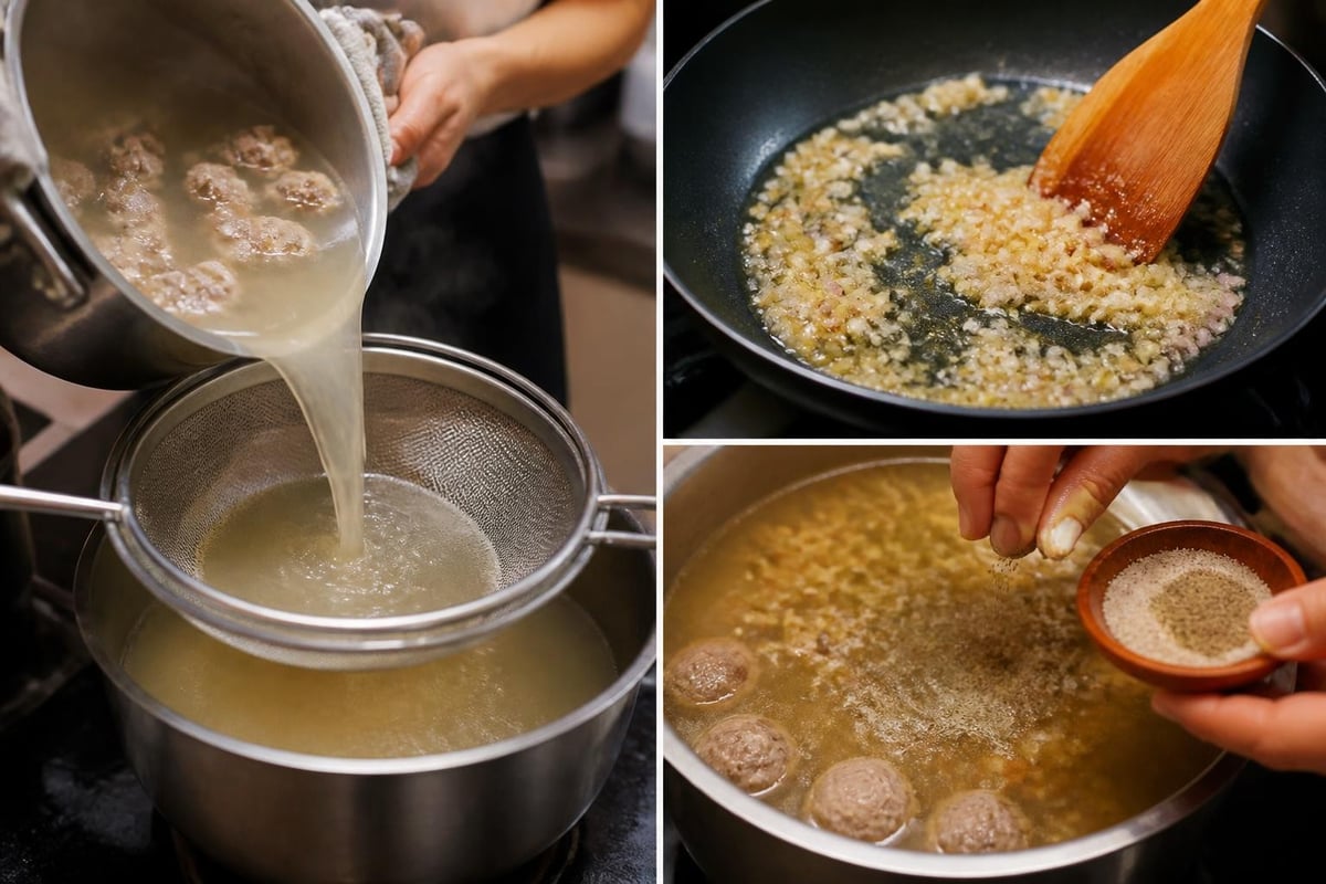 Proses menyaring kuah bakso