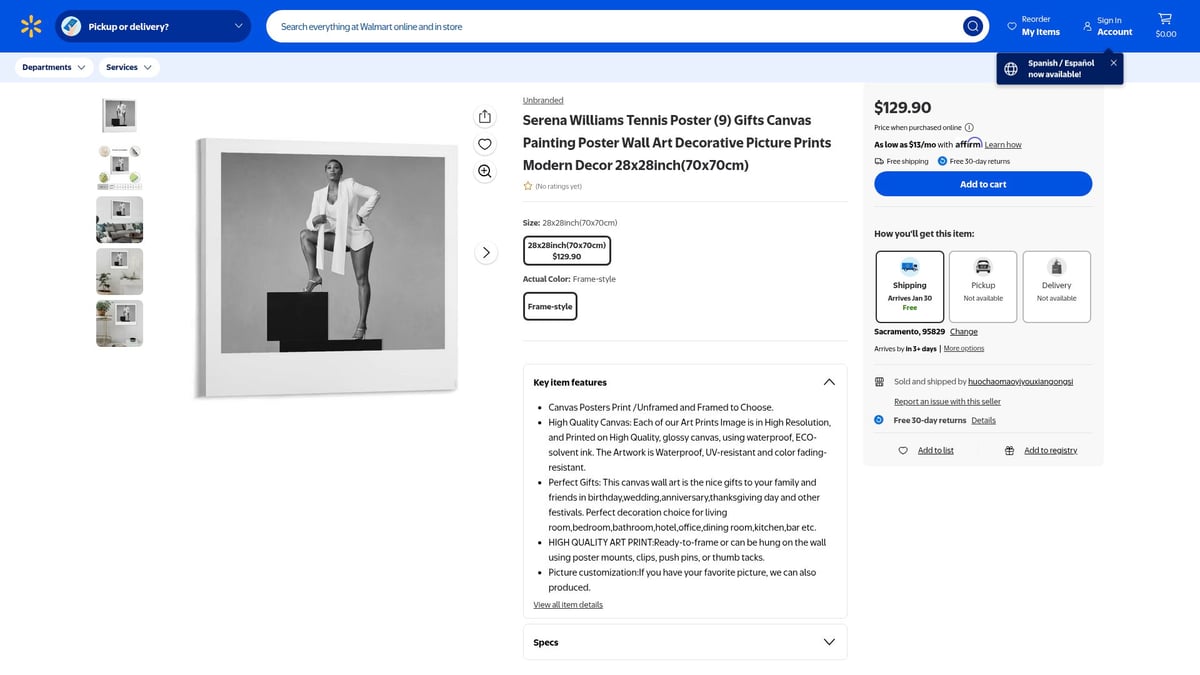7 Must-Have Serena Williams Poster Picks for 2026 Walls - Serena Williams Tennis Poster (9) Gifts Canvas Painting Poster Wall Art Decorative Picture Prints Modern Decor 28x28inch ($129.90, Walmart)