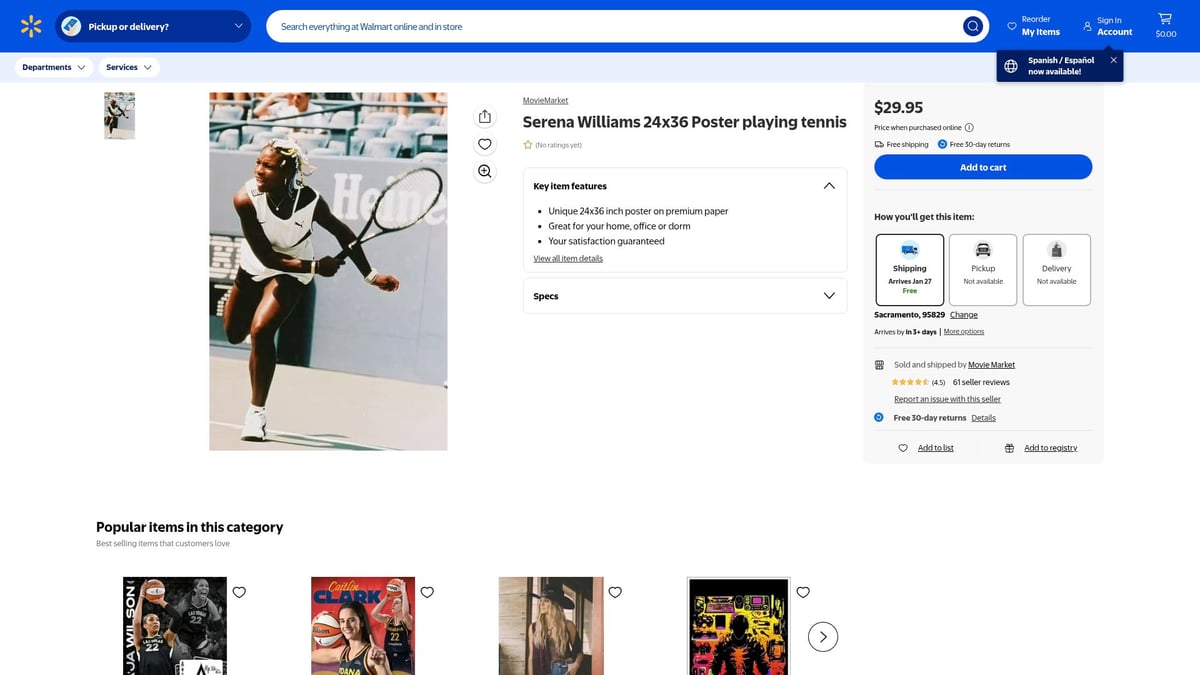 7 Must-Have Serena Williams Poster Picks for 2026 Walls - Serena Williams 24x36 Poster Playing Tennis ($29.95, Walmart)