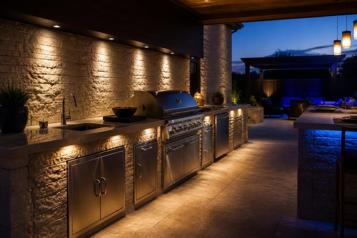 Luxury outdoor kitchen lighting layers