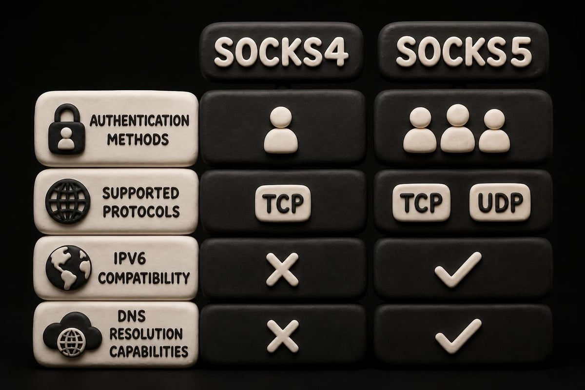 SOCKS4 versus SOCKS5 protocol comparison