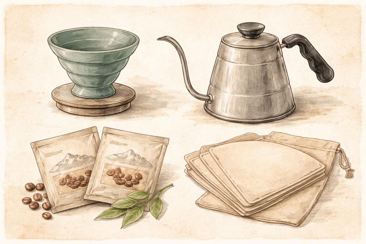Essential components of travel pour-over kit