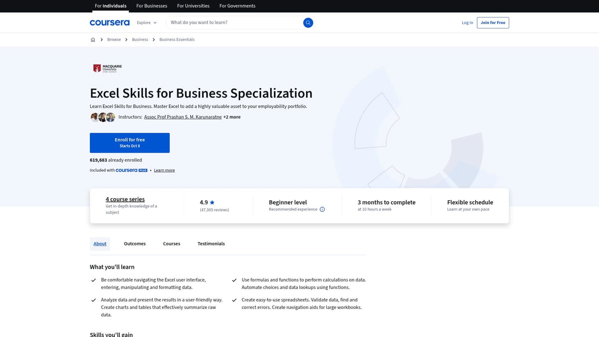 9 Essential Professional Excel Courses to Boost Your Skills in 2025 - Coursera: Excel Skills for Business Specialization by Macquarie University