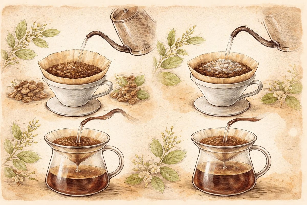 Pour-over coffee brewing stages