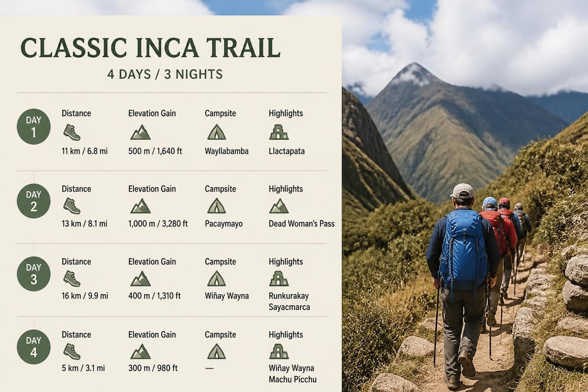 Four-day Inca Trail hiking schedule