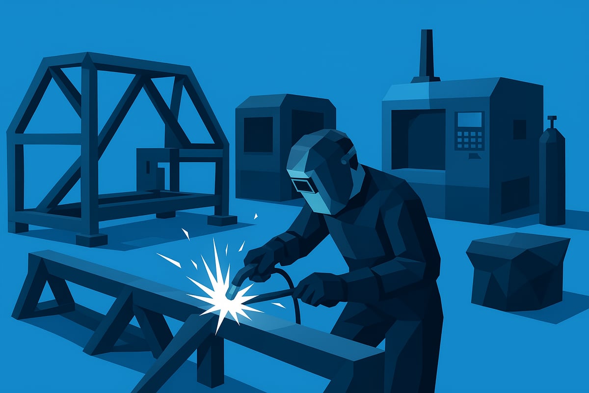 Welding technician operating equipment in a fabrication shop, creating sparks during metal work, with geometric shapes and machinery in the background.