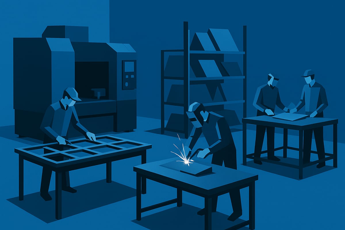 Low-poly illustration of a welding and fabrication shop, featuring workers engaged in metal fabrication, welding activities, and operating machinery, emphasizing custom solutions and operational efficiency.