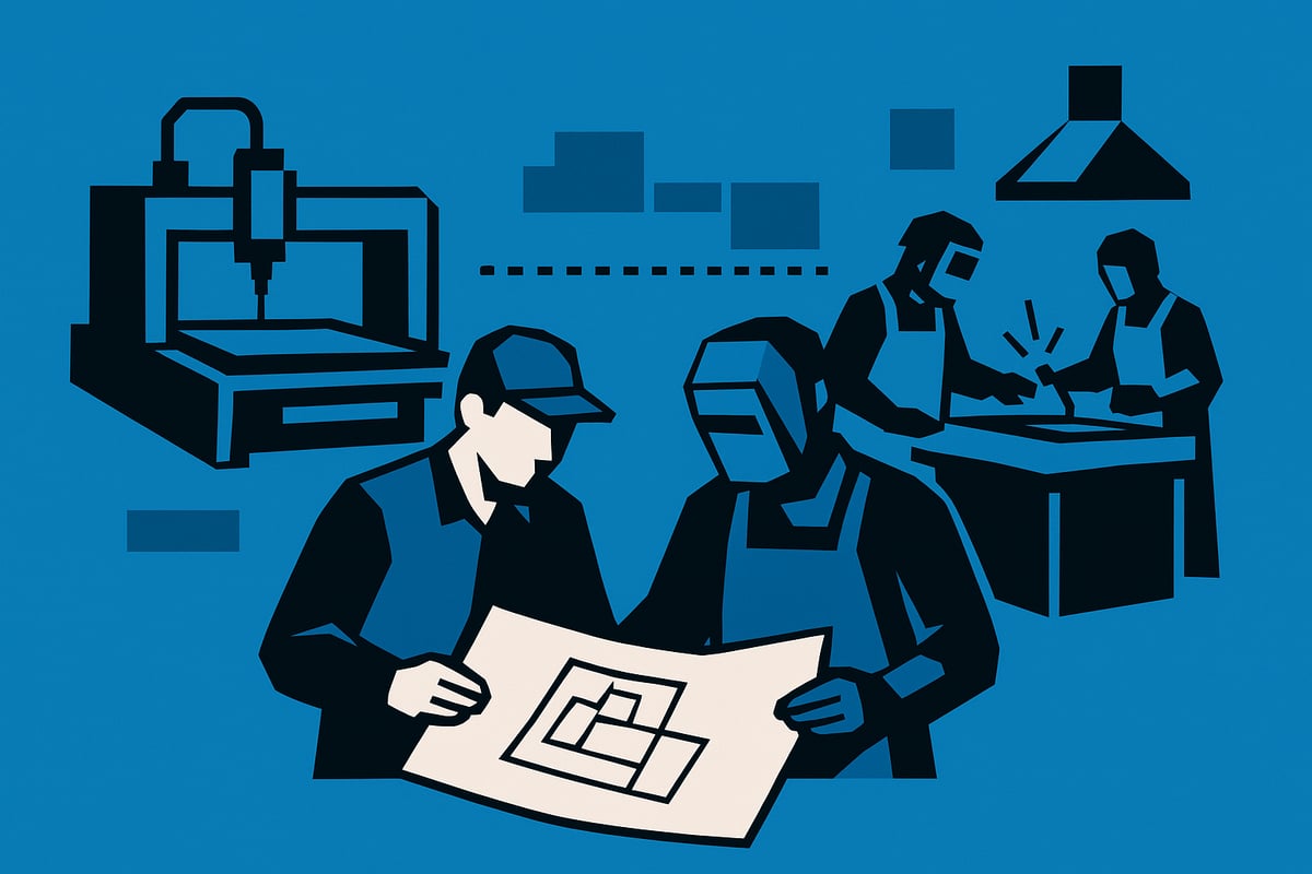 Illustration of welding and fabrication professionals collaborating on a project, including a CNC plasma cutter and design schematics, emphasizing precision and engineering analysis.