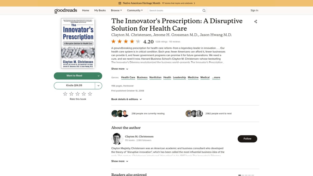 Top 8 Must-Read Health Care Books for 2025 - The Innovator's Prescription: A Disruptive Solution for Health Care by Clayton M. Christensen, Jerome H. Grossman, and Jason Hwang