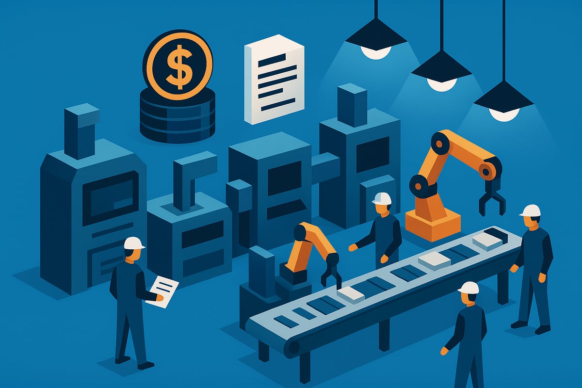 Low-poly illustration of a manufacturing setup, featuring workers in hard hats, automated robotic arm, conveyor belt, equipment, and financial elements like coins and documents, representing funding and operational aspects for starting a manufacturing company.