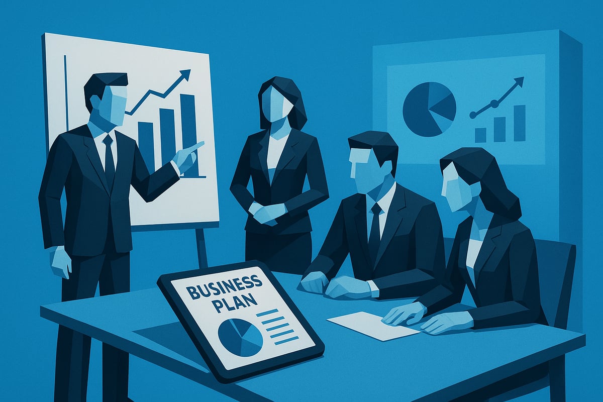 Business meeting with professionals discussing a business plan, featuring a presentation with upward trends and charts, emphasizing strategic planning for manufacturing success.