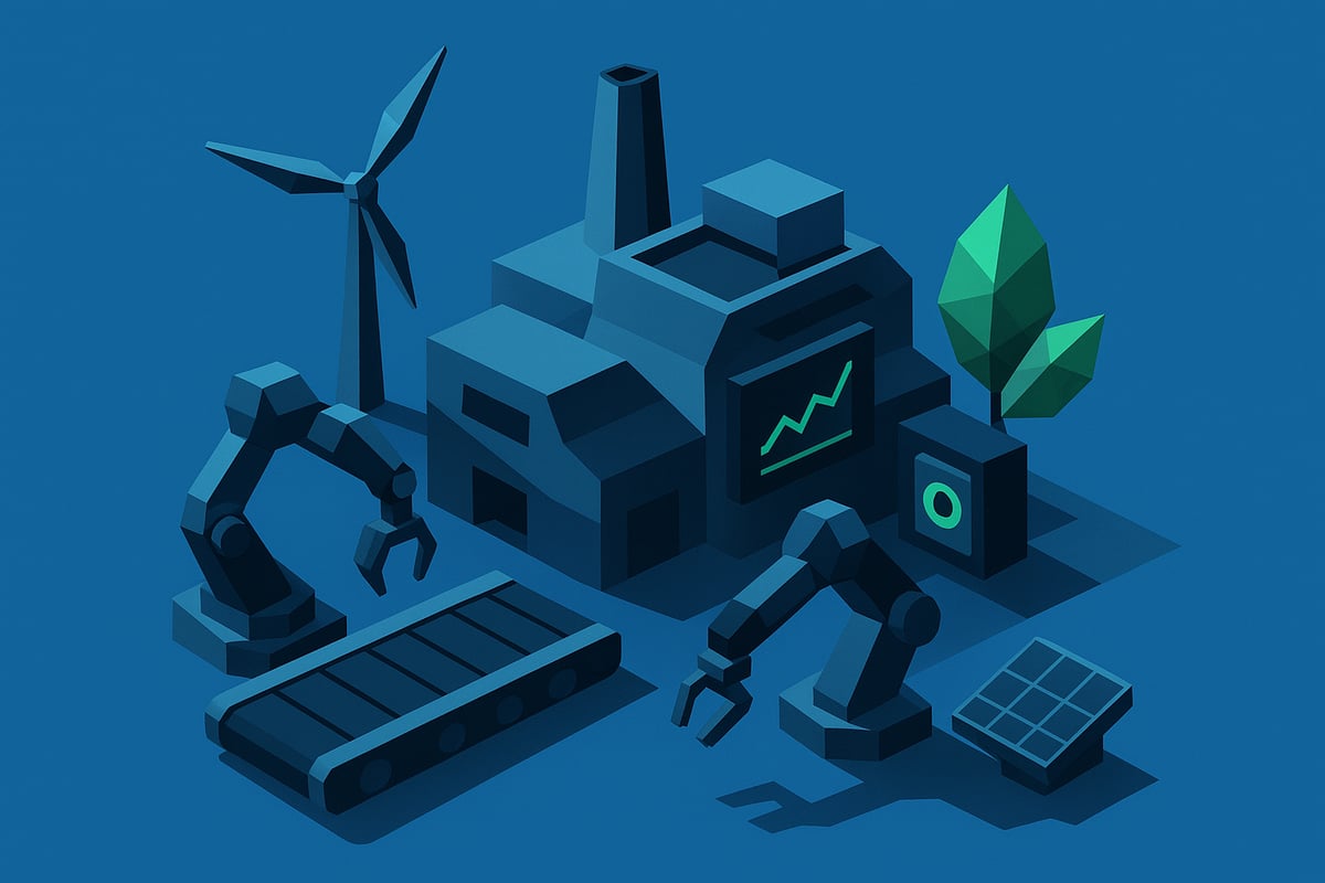 Low-poly illustration of a modern manufacturing facility featuring robotic arms, a wind turbine, solar panels, and a green plant, symbolizing automation, sustainability, and digital transformation in the manufacturing industry.