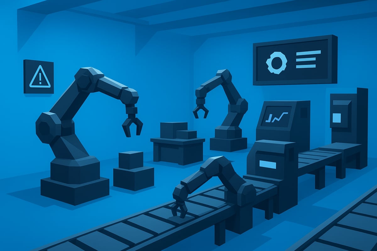 Low-poly style illustration of robotic arms in a manufacturing setting, emphasizing automation and efficiency in production processes.