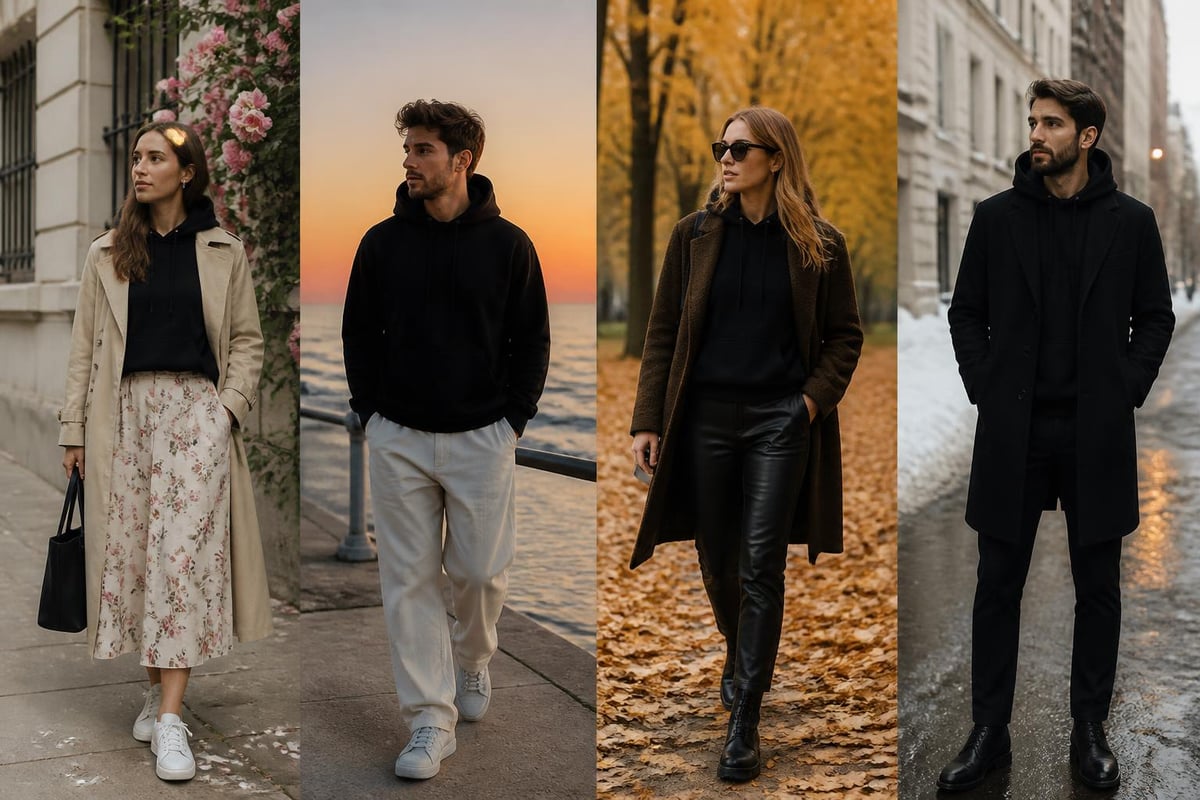 Seasonal black hoodie styling