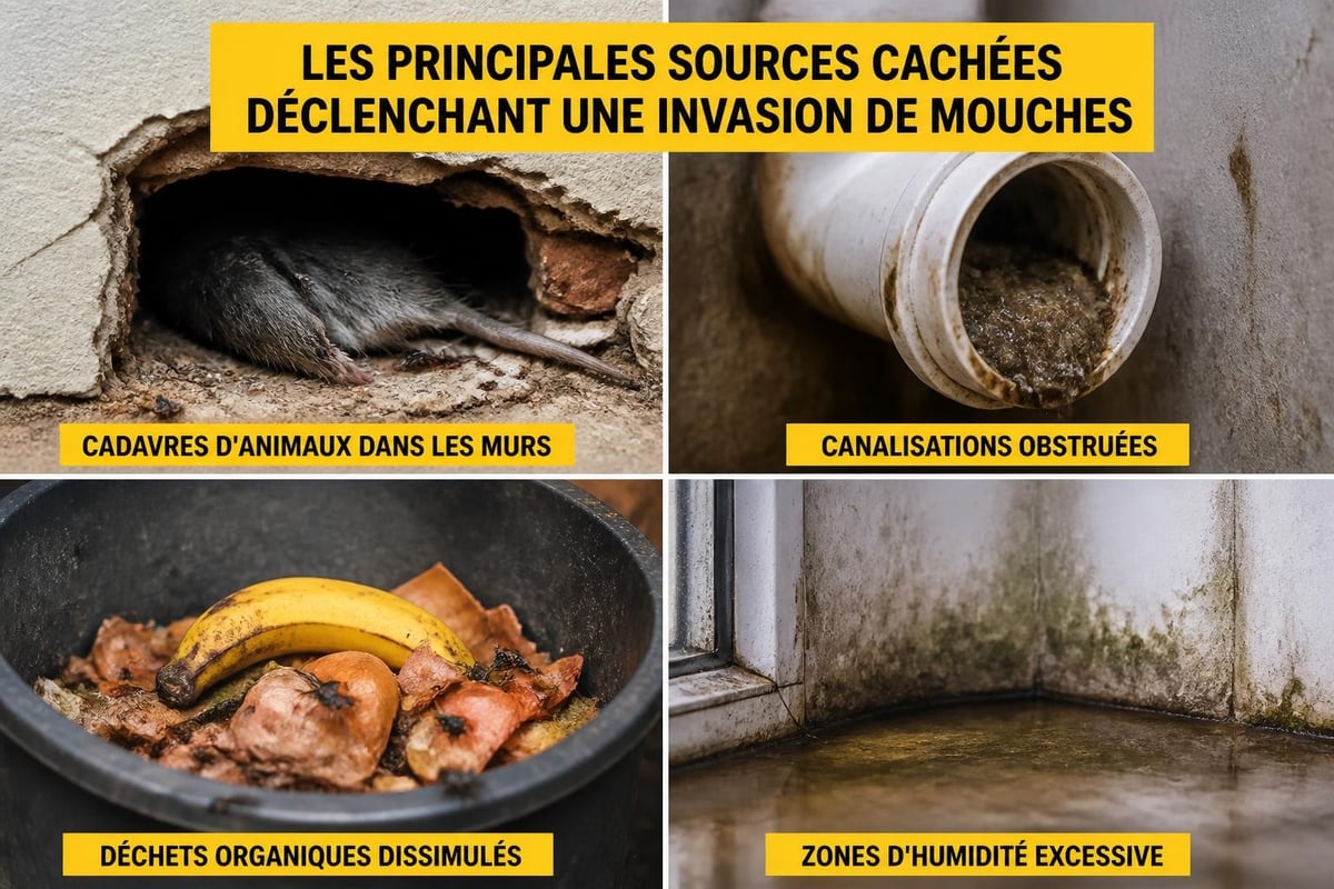 Sources cachées provoquant invasions mouches
