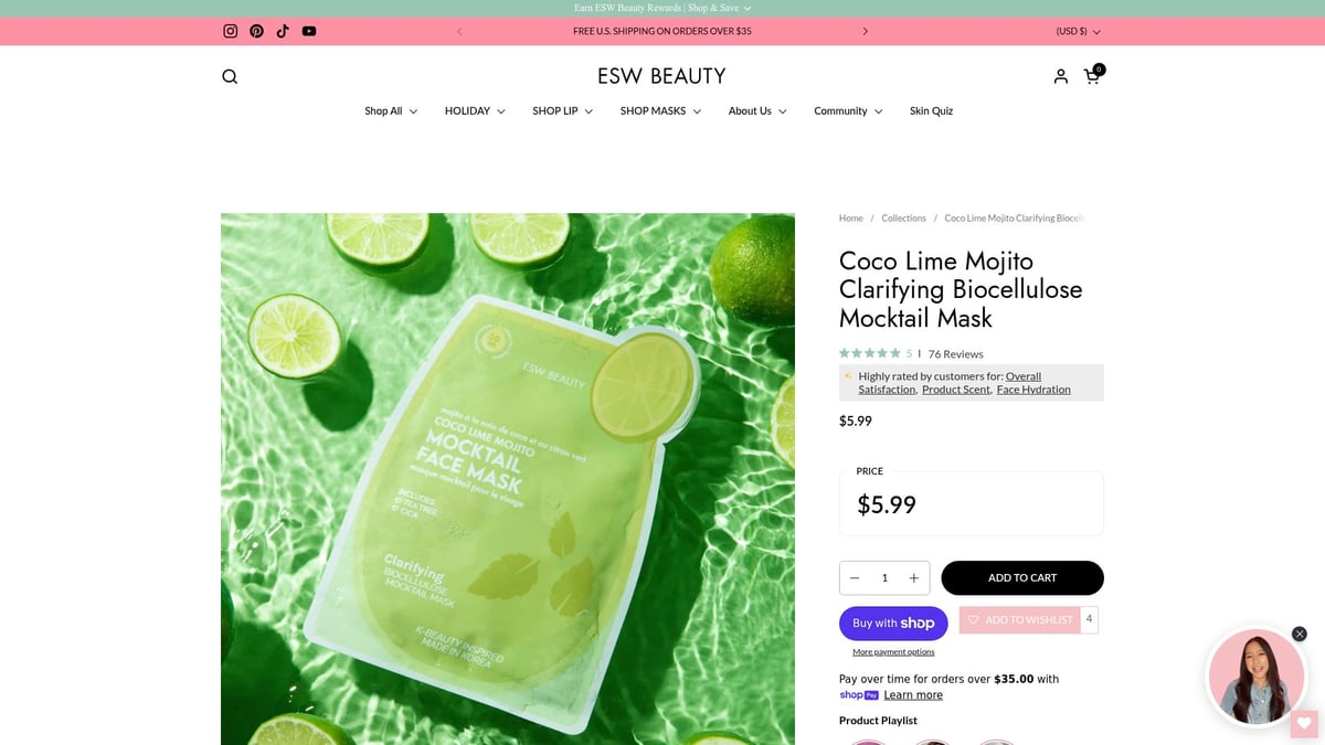 8 Best Beauty Masks to Try for Glowing Skin in 2026 - Coco Lime Mojito Clarifying Biocellulose Mocktail Mask – ESW Beauty