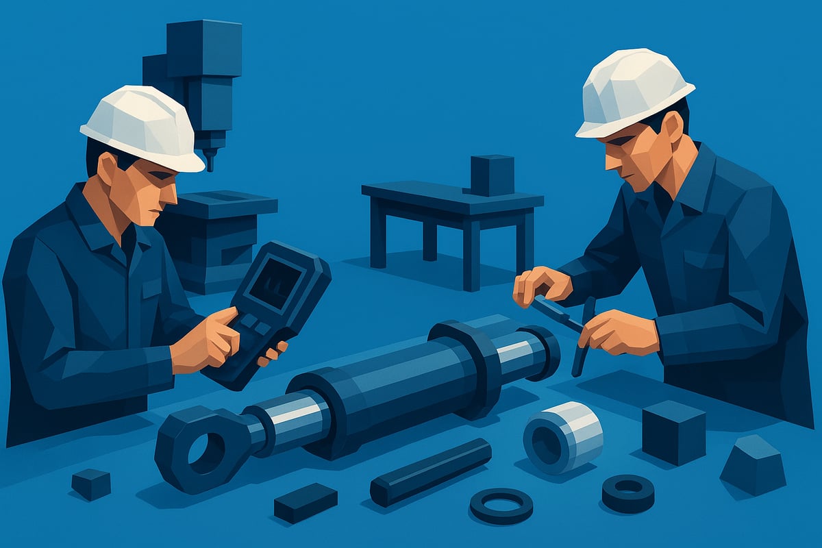 Technicians inspecting and repairing a hydraulic cylinder with diagnostic tools and components in a workshop setting, emphasizing custom hydraulic cylinder repair and fabrication services in Colorado.