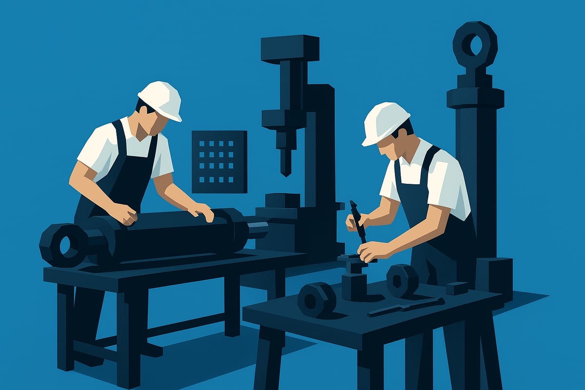 Illustration of two technicians working on hydraulic cylinder repair and fabrication in a workshop setting, showcasing tools and machinery relevant to custom hydraulic services.