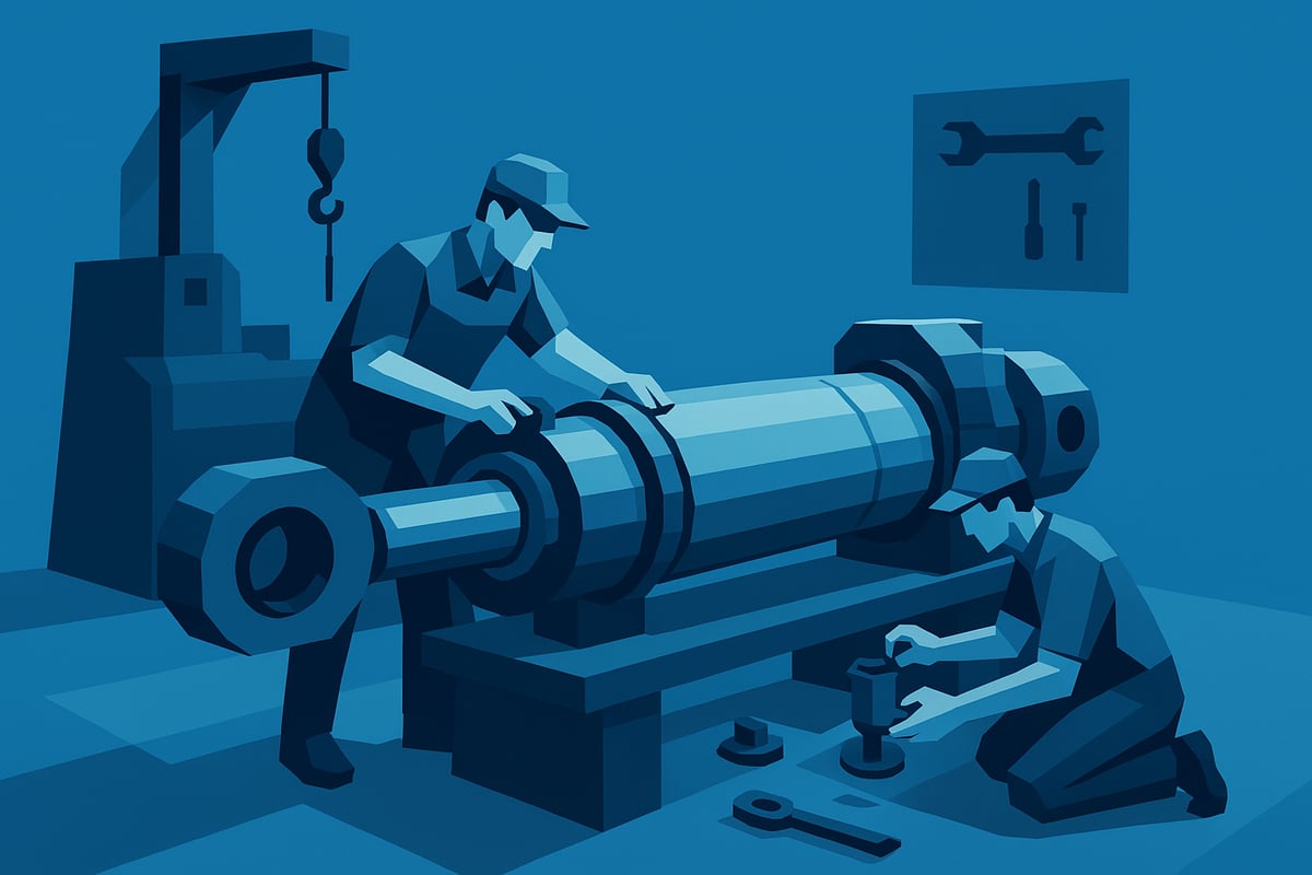 Two workers repairing a large hydraulic cylinder in an industrial setting, with tools and a hoist in the background, illustrating custom hydraulic cylinder repair and fabrication services in Colorado.