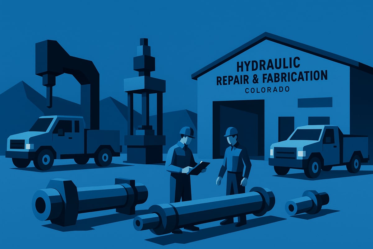 Low-poly illustration of hydraulic repair and fabrication scene in Colorado, featuring two workers reviewing maintenance documentation, hydraulic cylinders, a workshop building labeled "HYDRAULIC REPAIR & FABRICATION," and service vehicles.
