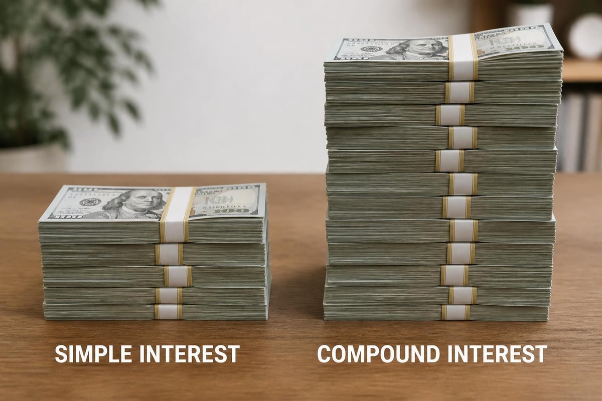 Simple versus compound interest growth