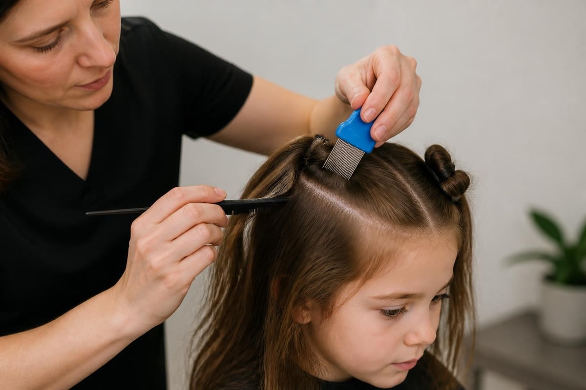 Sectioned comb-out with metal nit comb removing lice and nits from damp hair in quarter-inch sections