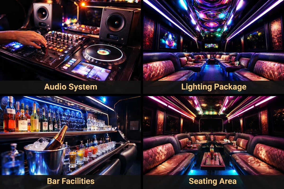 Bus limousine amenities and features