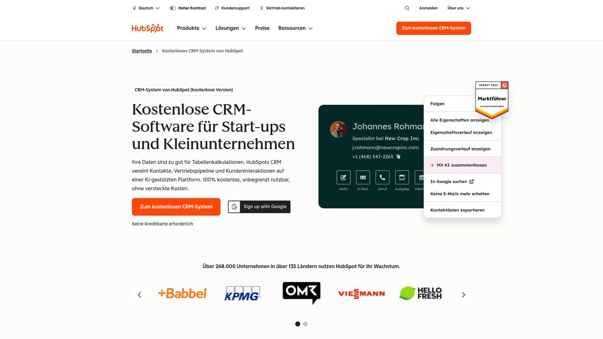 Top 7 CRM Anbieter 2025: Die Besten Lösungen im Überblick - HubSpot CRM