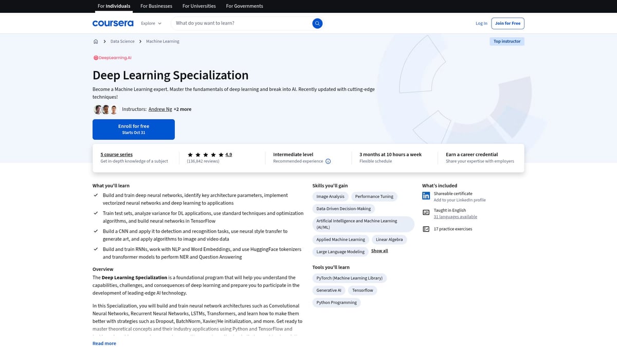 9 Essential AI Computer Courses to Boost Your Skills in 2025 - Deep Learning Specialization by Andrew Ng (Coursera)