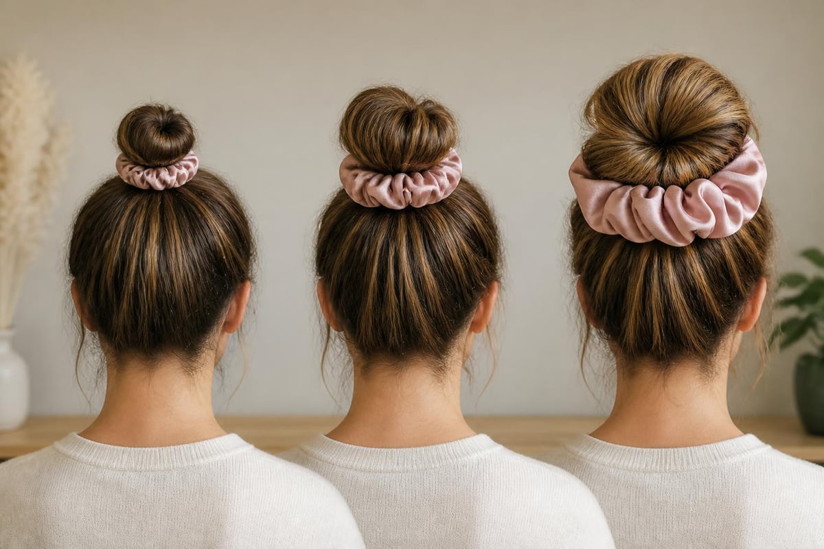 Jumbo scrunchie versus standard scrunchie size comparison for thick voluminous hair styling