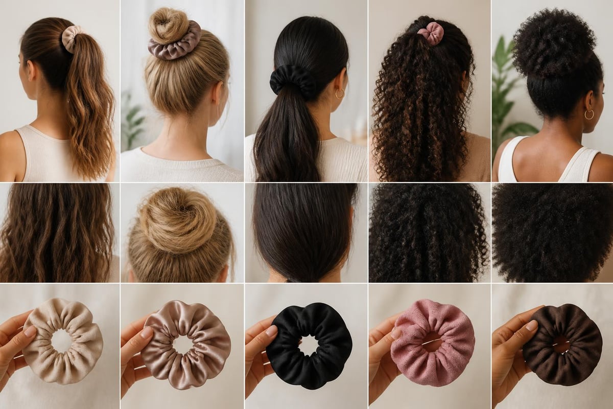 Hair type guide matching jumbo scrunchie styles to fine curly thick and medium hair textures
