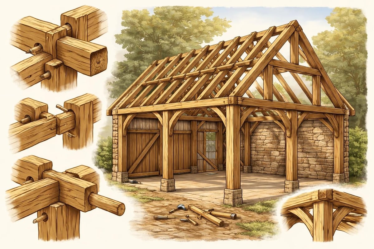 Oak frame joinery showing mortise and tenon connections