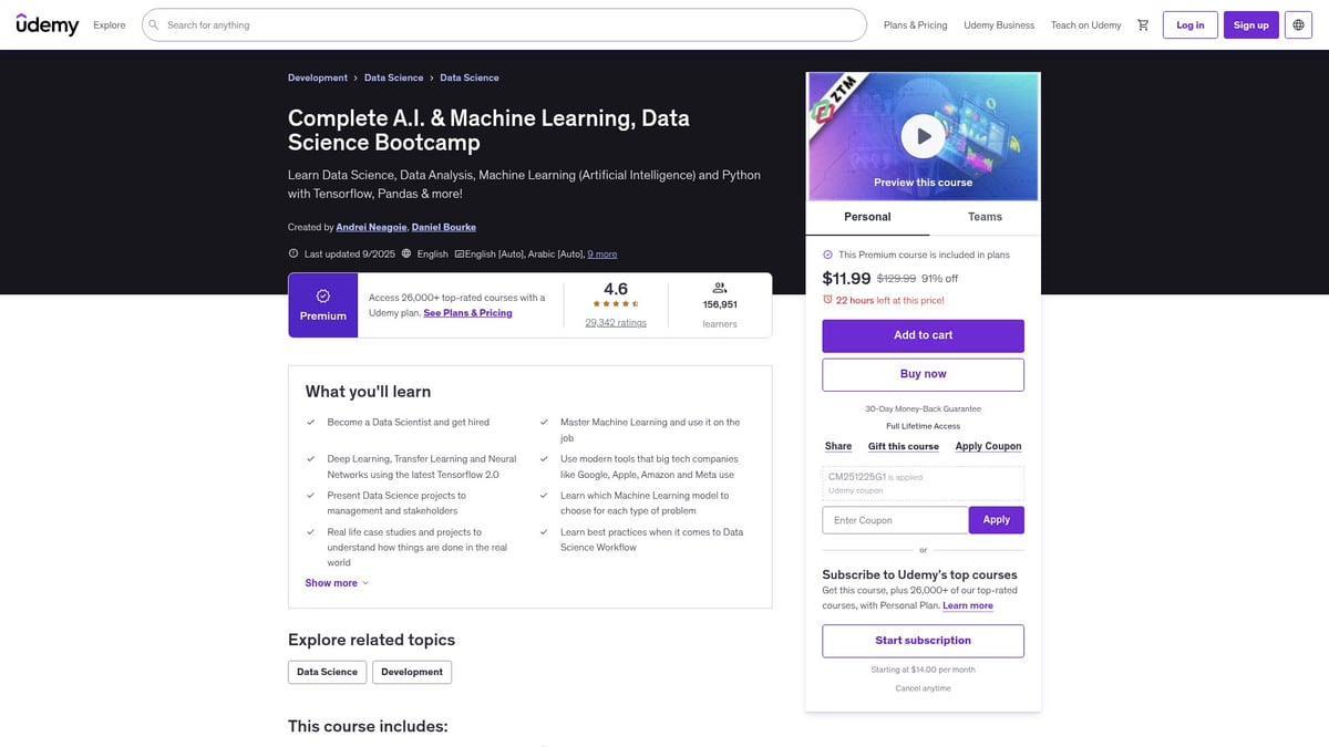 Top 9 Must-Try Best AI Course on Udemy Picks for 2026 - The Complete Machine Learning and Data Science: Zero to Mastery