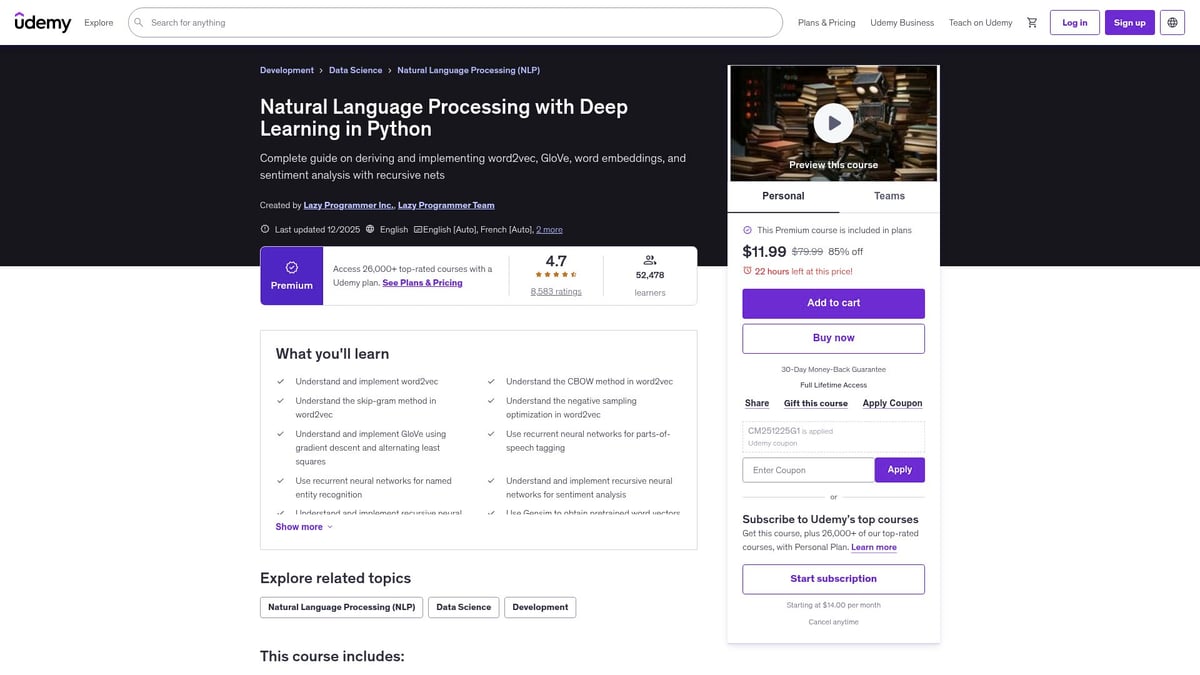 Top 9 Must-Try Best AI Course on Udemy Picks for 2026 - Natural Language Processing with Deep Learning in Python