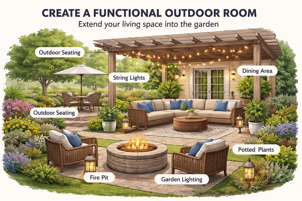 Outdoor dining and lounging setup