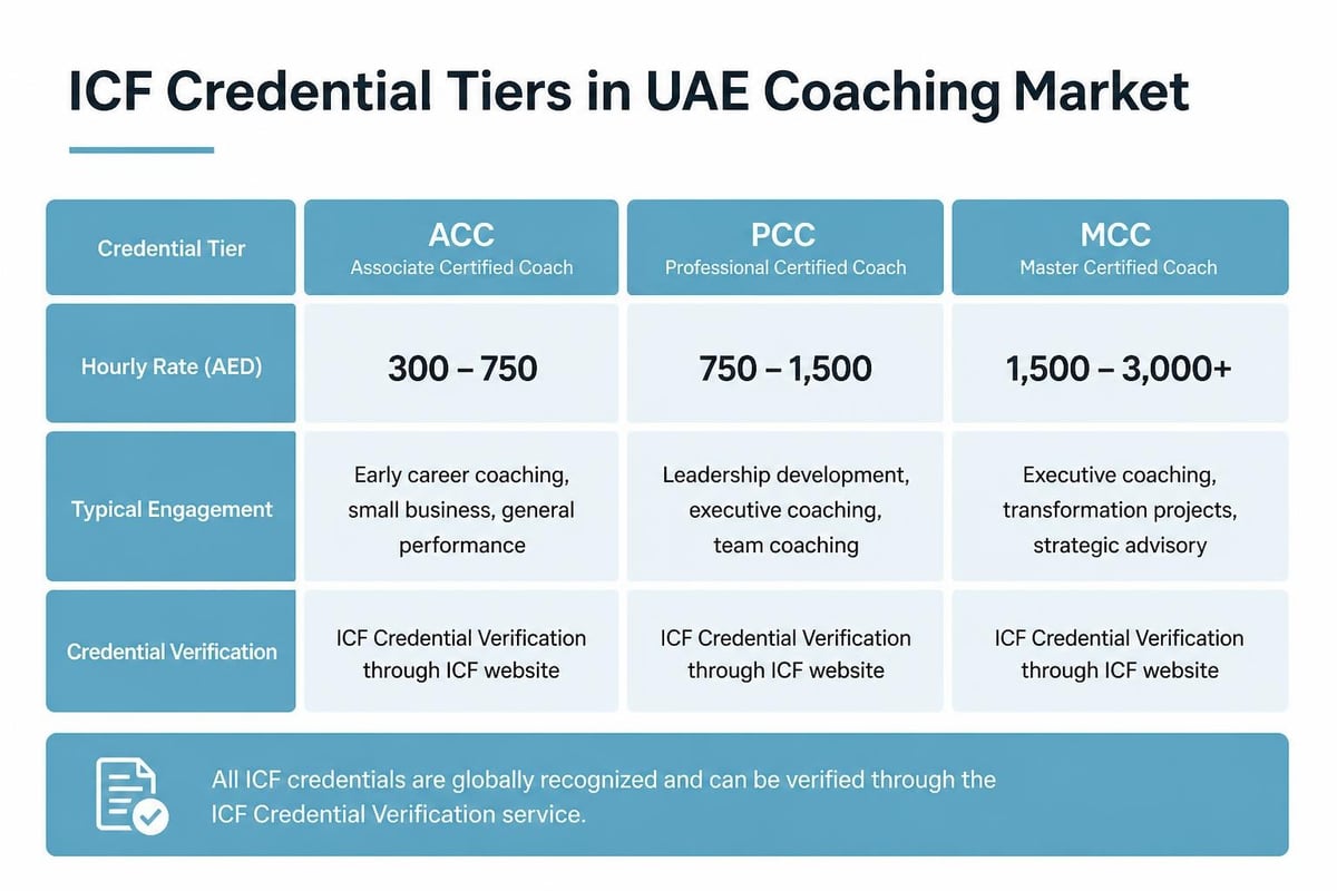 Coaching credential levels and UAE pricing tiers