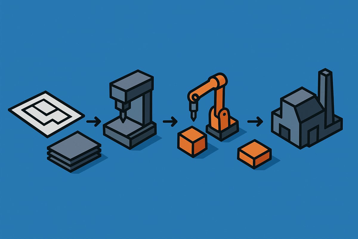 Industrial fabrication process illustration showing project phases: design blueprint, machining with a milling machine, robotic assembly, and factory output.