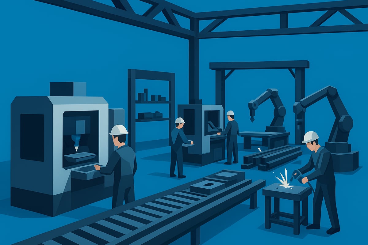 Industrial fabrication scene with workers operating machinery, robotic arms, and welding processes in a modern workshop, showcasing advanced manufacturing techniques and operational efficiency.