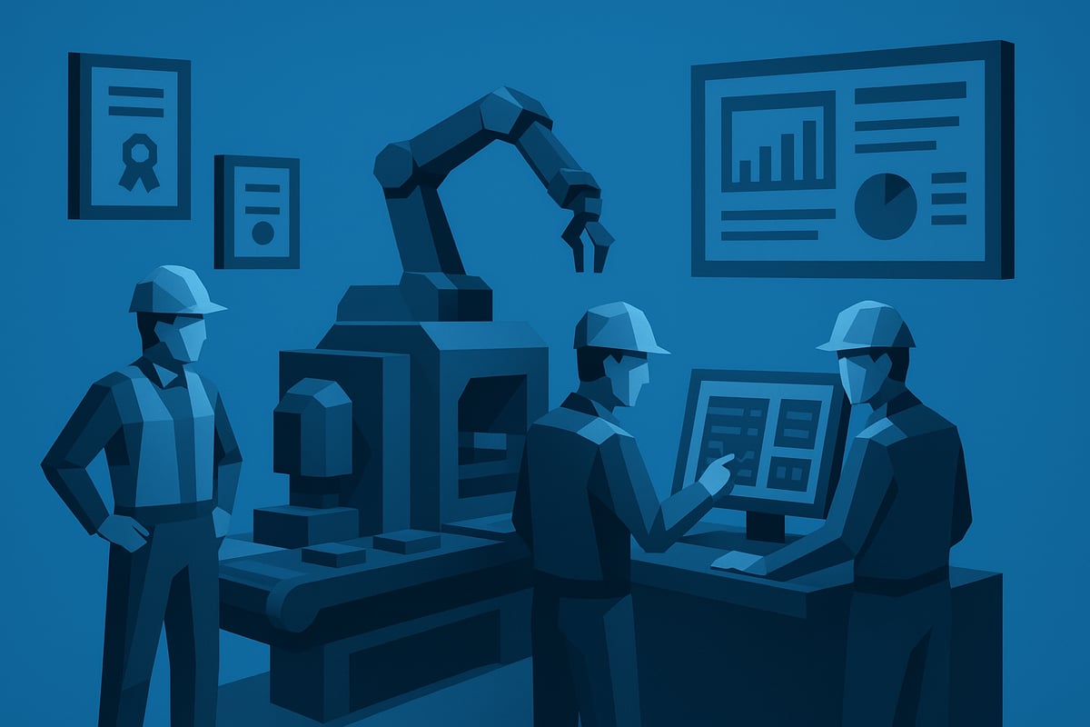 Industrial workers discussing automation and fabrication processes in a modern facility, featuring robotic arm, CNC machine, and performance metrics on display.