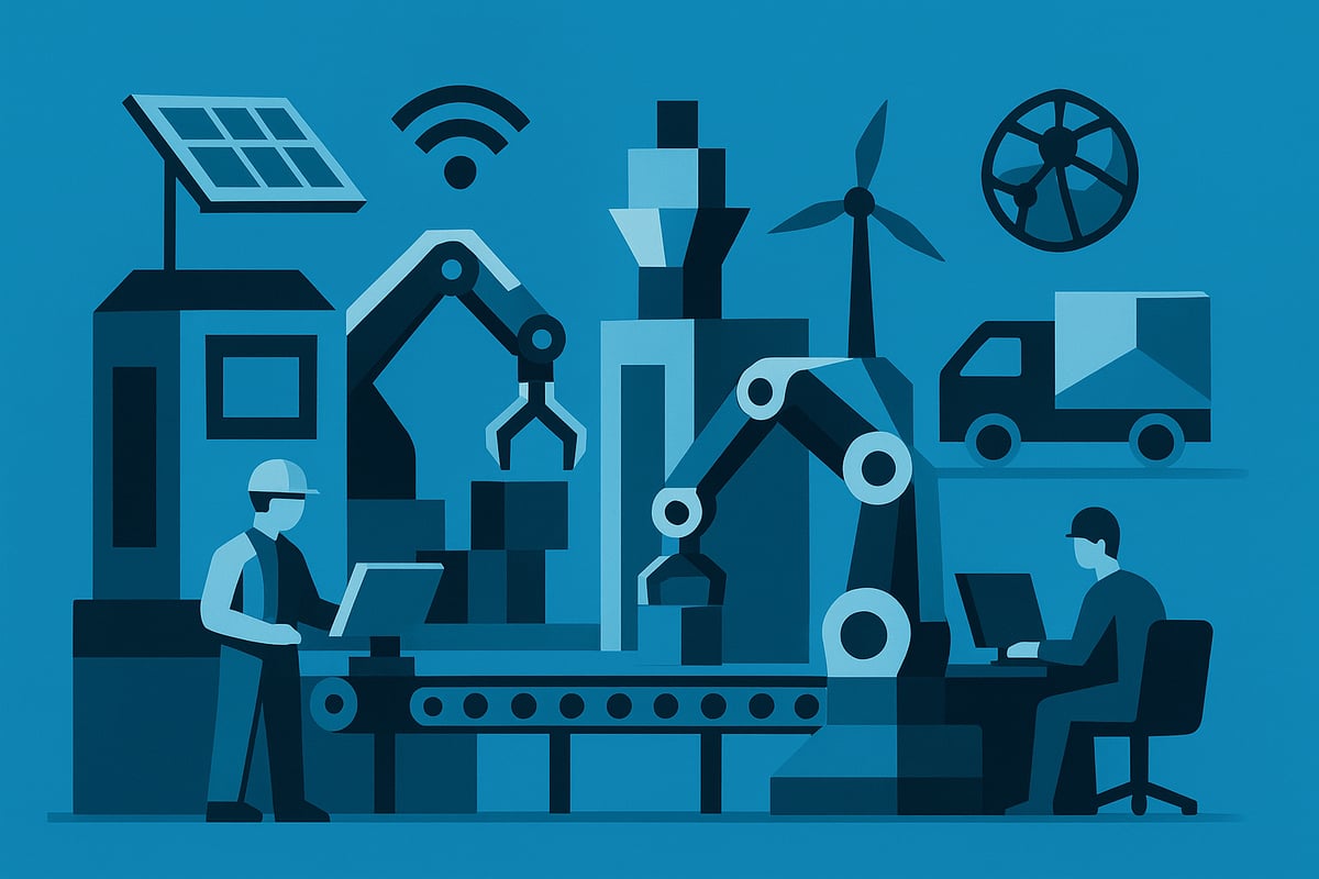 Industrial fabrication scene featuring robotic arms, a worker with a laptop, solar panels, and wind turbine, illustrating digital transformation and smart manufacturing trends for 2026.