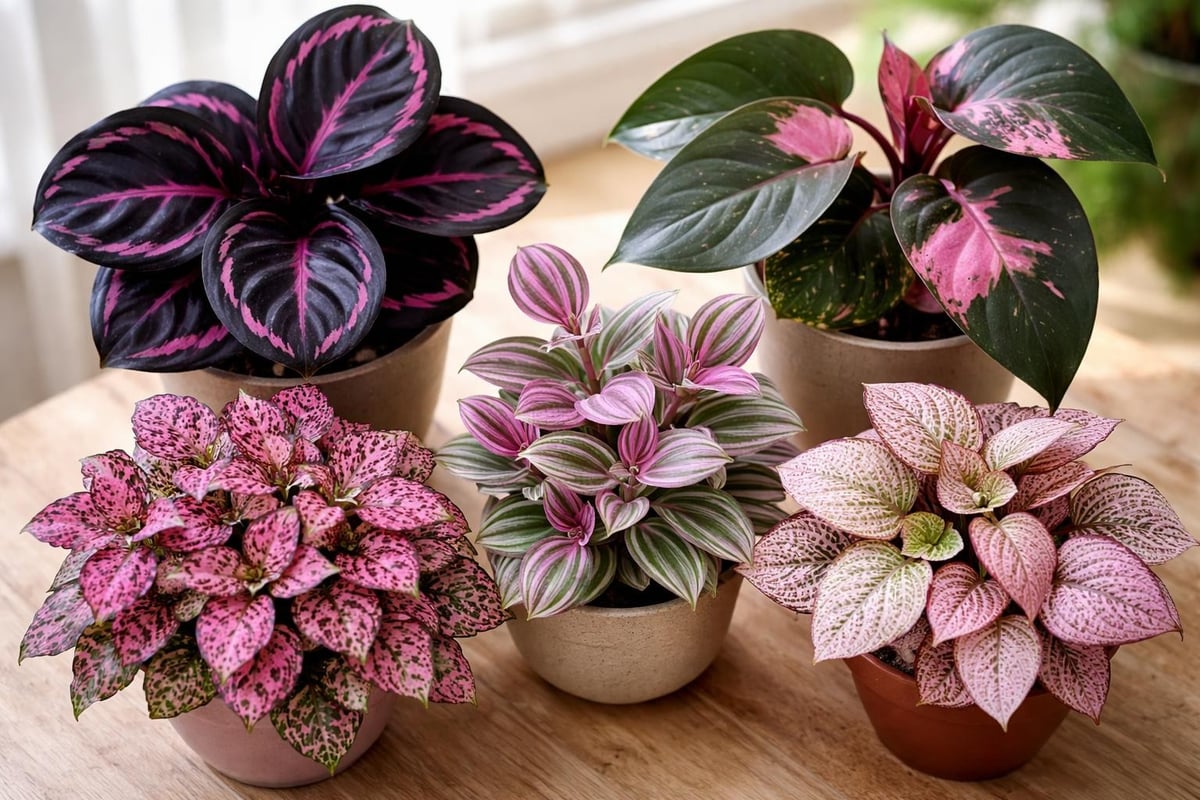 Pink and green houseplant varieties comparison
