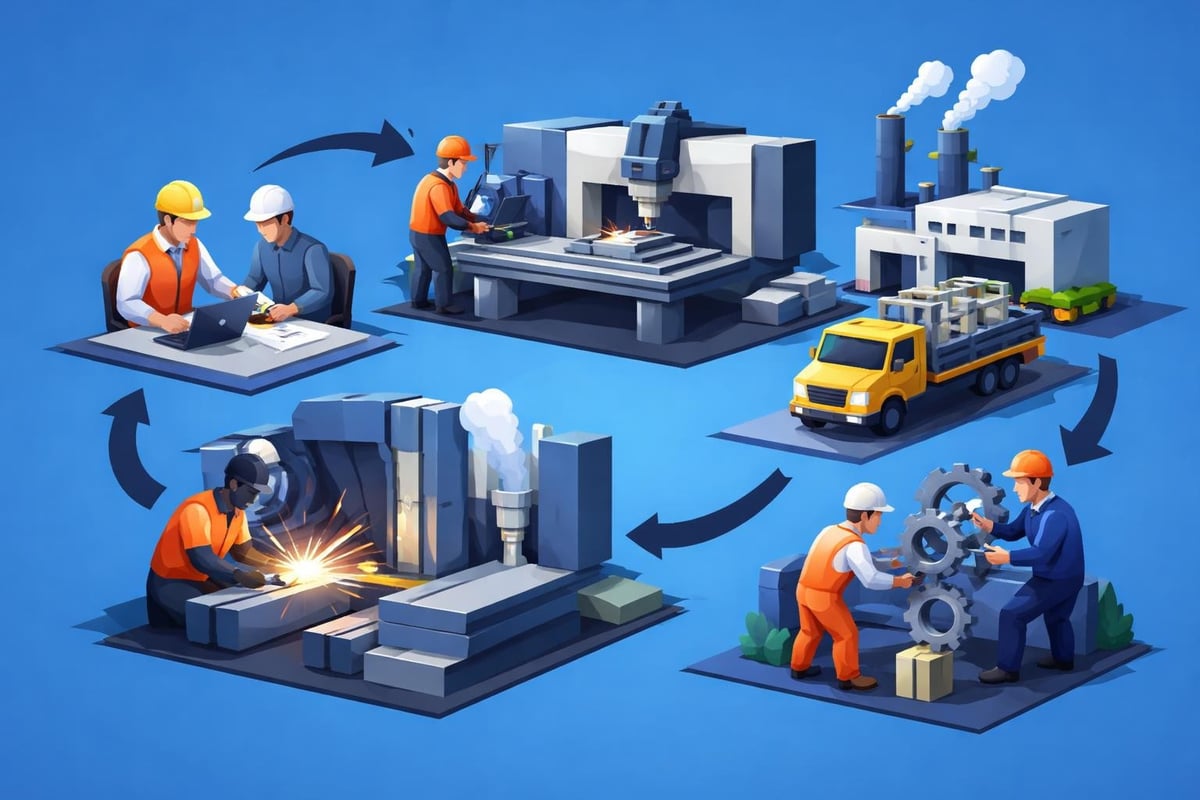 Illustration of industrial services including precision machining, welding, and equipment maintenance, featuring workers collaborating, machinery operation, and transport logistics in a manufacturing context.