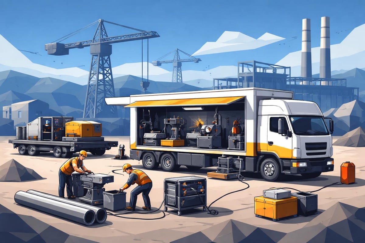 Mobile machining and welding truck at construction site with workers operating equipment, showcasing field service capabilities for industrial manufacturing.