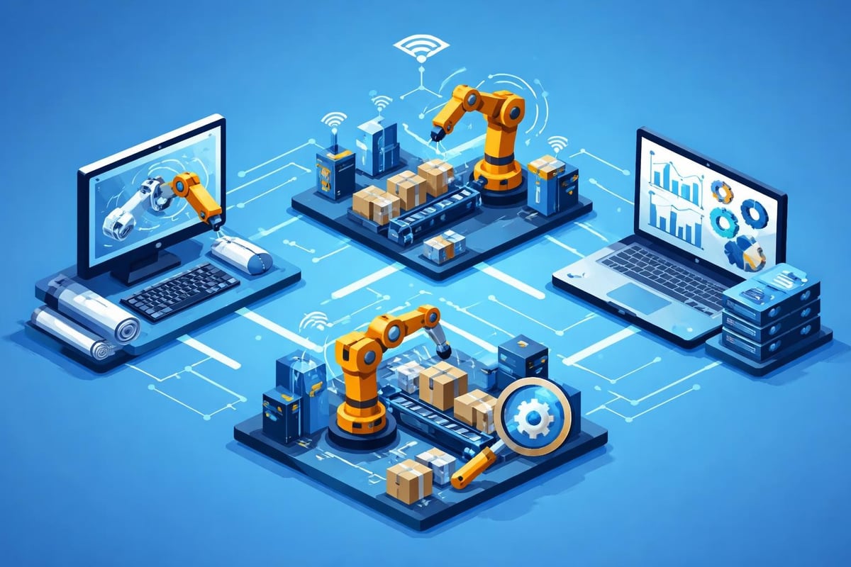 Illustration of advanced manufacturing technologies featuring robotic arms, computer screens displaying data analytics, and automated material handling, emphasizing IoT integration and process optimization in industrial operations.