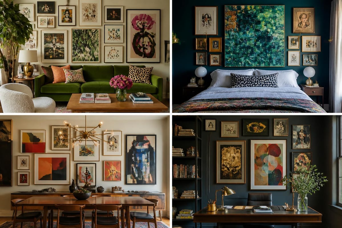 Room-specific maximalist wall art approaches