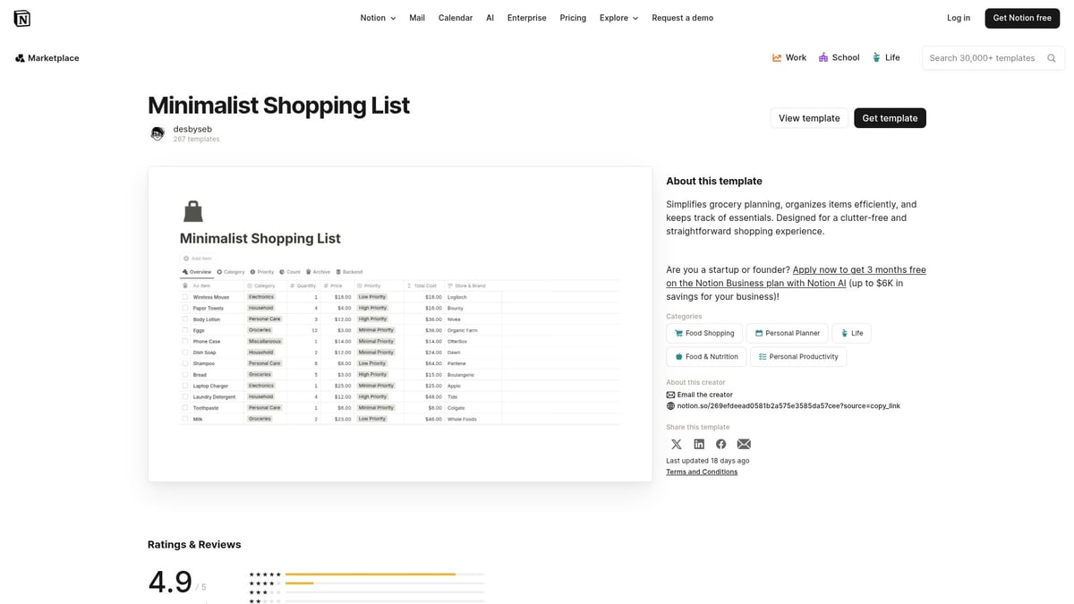 7 Must-Try Notion Grocery List Template Ideas for 2025 - Minimalist Shopping List