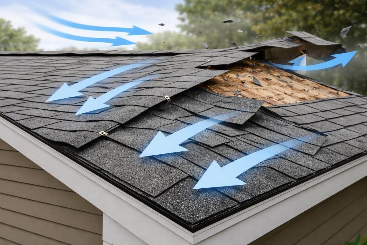 Roof showing wind damage with lifted shingles and exposed decking, illustrating effects of high wind speeds on roofing integrity.