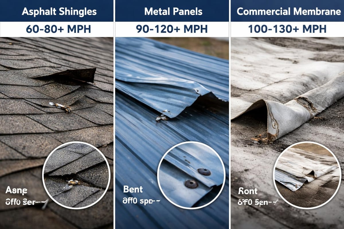 Asphalt shingles, metal panels, and commercial membrane roofs showing wind damage signs, including lifted shingles, bent metal panels, and torn commercial membranes, with wind resistance ratings of 60-130+ mph.